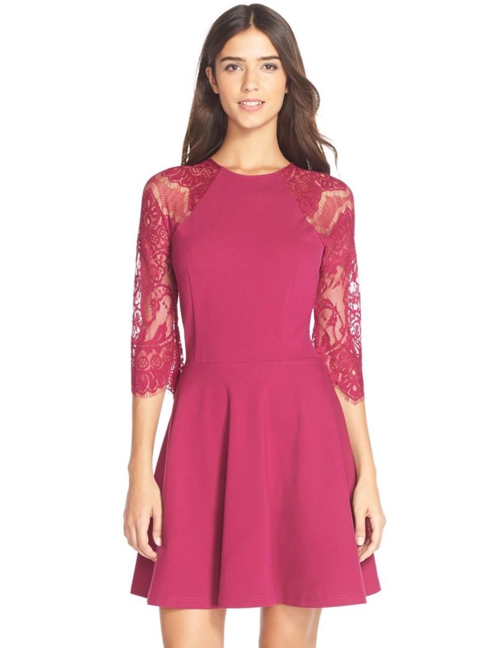 BB Dakota Magenta Lace-Sleeve Fit & Flare Dress